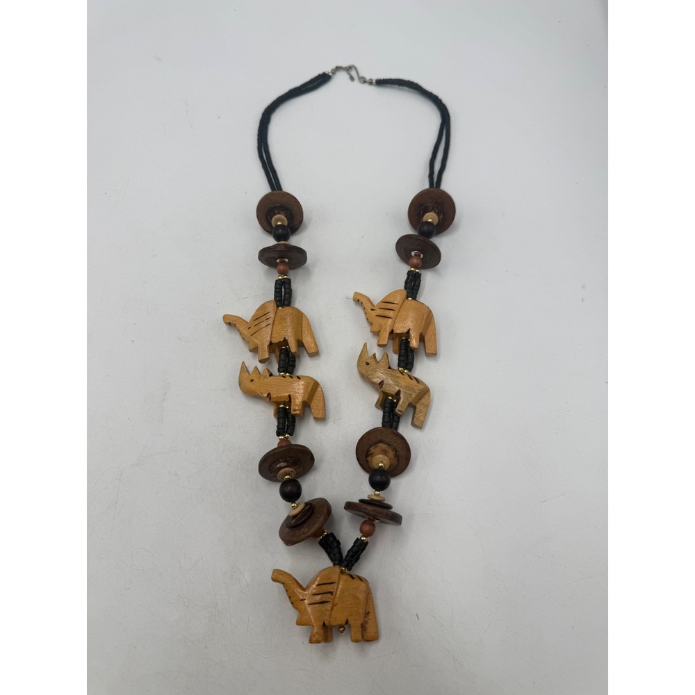 Vintage Hand Carved Wood Safari Animal Necklace Elephant Rhino Beaded Statement